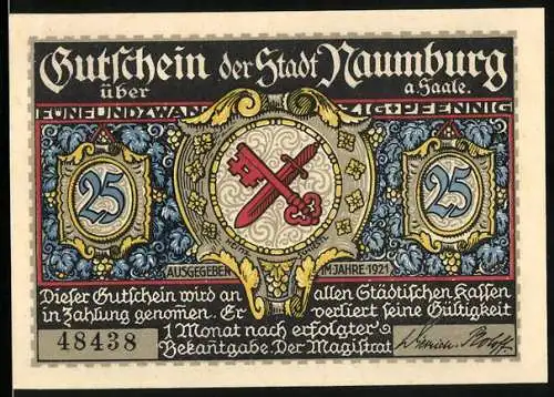 Notgeld Naumburg a. Saale 1921, 25 Pfennig, Wenzelsthor und Wappen, Gutschein