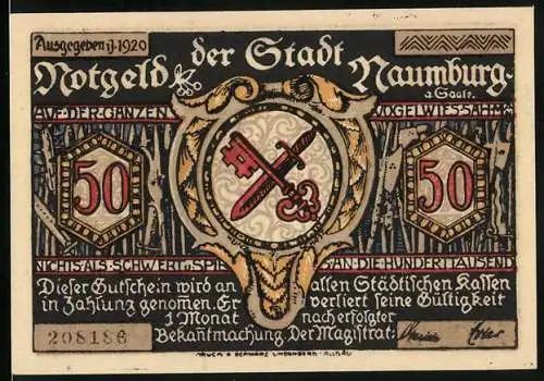 Notgeld Naumburg a. Saale 1920, 50 Pfennig, Hungernde Menschen vor Stadtpanorama, Wappen, Gutschein