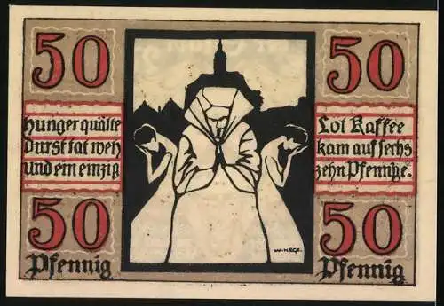 Notgeld Naumburg a. Saale 1920, 50 Pfennig, Hungernde Menschen vor Stadtpanorama, Wappen, Gutschein