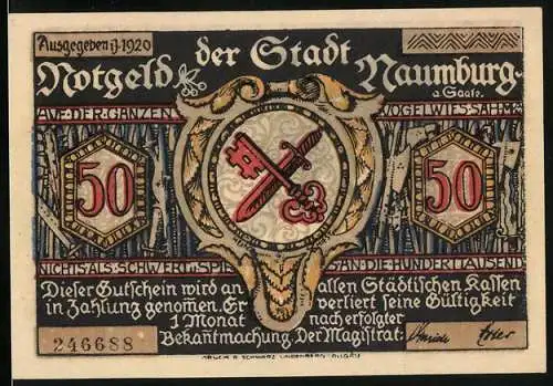 Notgeld Naumburg a. Saale 1920, 50 Pfennig, Scherenschnitt Lehrer und Kinder, Wappen, Gutschein