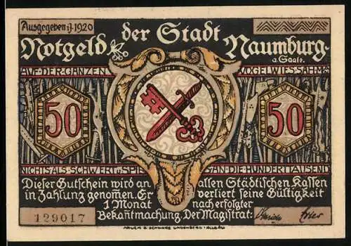 Notgeld Naumburg a. Saale 1920, 50 Pfennig, Hussiten zogen vor Naumburg über Jena her, Wappen, Gutschein