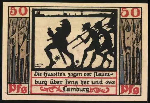 Notgeld Naumburg a. Saale 1920, 50 Pfennig, Hussiten zogen vor Naumburg über Jena her, Wappen, Gutschein