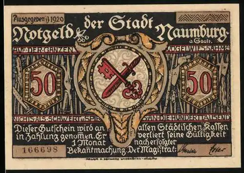 Notgeld Naumburg a. Saale 1920, 50 Pfennig, Scherenschnitt mit Statue, Wappen, Gutschein