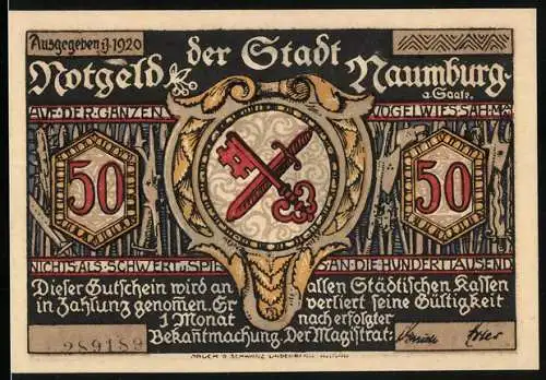 Notgeld Naumburg a. Saale 1920, 50 Pfennig, Mann zeigt dem Mädchen ein paar Kirschen, Wappen, Gutschein