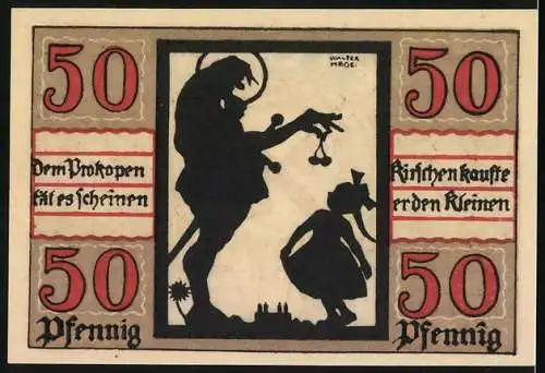 Notgeld Naumburg a. Saale 1920, 50 Pfennig, Mann zeigt dem Mädchen ein paar Kirschen, Wappen, Gutschein