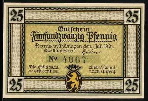 Notgeld Ranis i. Thür. 1921, 25 Pfennig, Burg Ranis, Gutschein