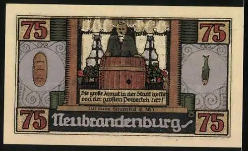 Notgeld Neubrandenburg 1921, 75 Pfennig, Fritz Reuter im Ratskeller, Mann mit Fass