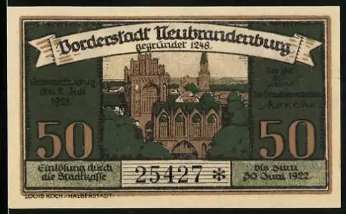 Notgeld Neubrandenburg 1921, 50 Pfennig, Vorderstadt Neubrandenburg und Rathaus, Wappen