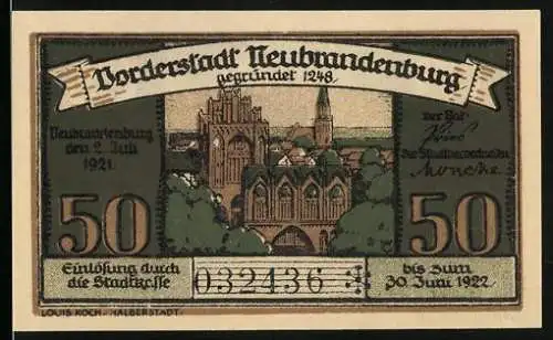 Notgeld Neubrandenburg 1921, 50 Pfennig, Vorderstadt Neubrandenburg, Tor und Wappen