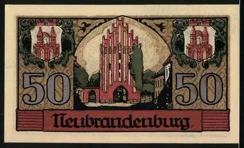 Notgeld Neubrandenburg 1921, 50 Pfennig, Vorderstadt Neubrandenburg, Tor und Wappen