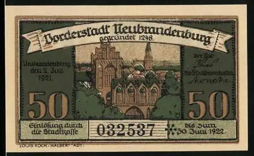 Notgeld Neubrandenburg 1921, 50 Pfennig, Vorderstadt Neubrandenburg, Ortspartie und Wappen
