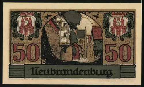 Notgeld Neubrandenburg 1921, 50 Pfennig, Vorderstadt Neubrandenburg, Ortspartie und Wappen