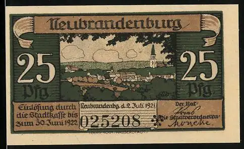 Notgeld Neubrandenburg 1921, 25 Pfennig, Panorama und Kirche