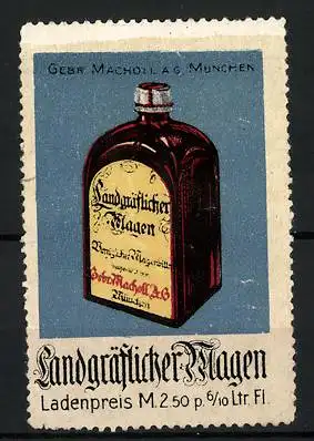 Reklamemarke Landgräflicher Magen Magenbitter, Gebr. Macholl AG, München, Flasche