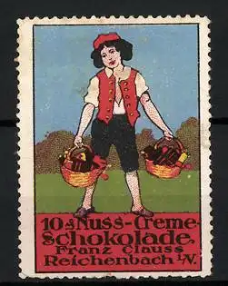 Reklamemarke Nuss-Creme-Schokolade, Franz Clauss, Reichnbach i. V., Bube mit Körben voller Schokolade