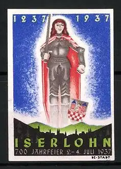 Reklamemarke Iserlohn, 700 Jahrfeier 1237-1937, Rittererscheinung am Himmel, Stadtsilhouette