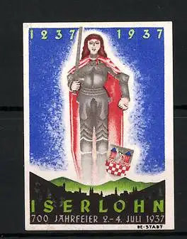 Reklamemarke Iserlohn, 700 Jahrfeier 1237-1937, Rittererscheinung am Himmel, Stadtsilhouette
