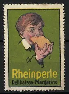 Reklamemarke Rheinperle Delikatess-Margarine, Bube beisst von seinem Brot ab