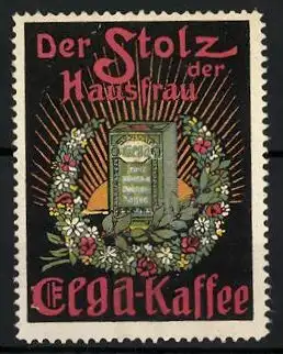 Reklamemarke Cega-Kaffee, der Stolz der Hausfrau, Kaffeeschachtel im Blumenkranz