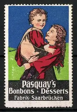 Reklamemarke Pasquay's Bonbons & Desserts, Fabrik Saarbrücken, Mutter mit Kind auf dem Arm