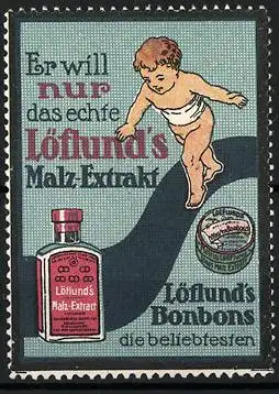 Reklamemarke Löflund's Malz-Extrakt & Bonbons, halbnackter Bube mit Flasche und Dose