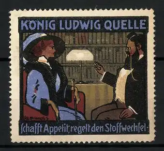 Reklamemarke König Ludwig Quelle - schaftt Appetit und regelt den Stoffwechsel, Mann und Frau im Gespräch