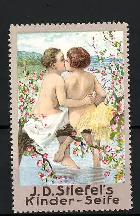 Reklamemarke Kinder-Seife der Firma J. D. Stiefel, nacktes Kinderpaar küsst sich auf einem Ast