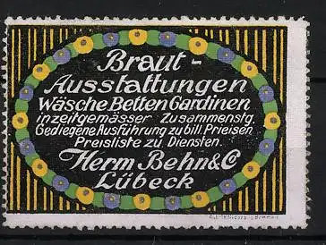 Reklamemarke Lübeck, Herm. Behn & Co., Braut-Ausstattingen, Wäsche, Betten & Gardinen