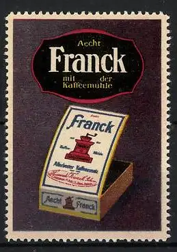 Reklamemarke Aecht Franck Kaffeezusatz, mit der Kaffeemühle, Schachtel