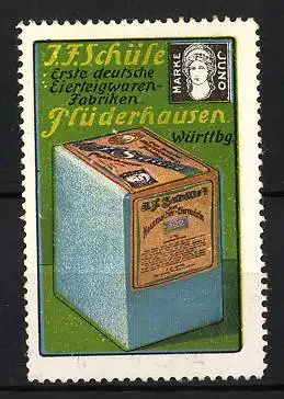 Reklamemarke Juno Hausmacher-Eiernudeln, Eierteigwaren-Fabrik J. F. Schüle, Plüderhausen, Nudelverpackung