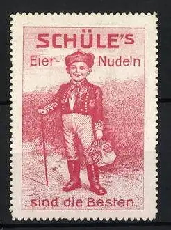 Reklamemarke Schüle's Eiernudeln sind die Besten, Knabe mit Nudeln beim Wandern