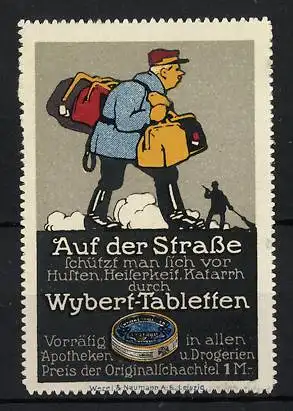 Reklamemarke Wybert-Tabletten gegen Husten, Heiserkeit & Katarrh, Auf der Strasse, Reisender mit Gepäck