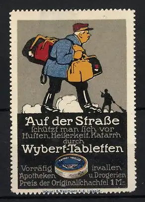 Reklamemarke Wybert-Tabletten gegen Husten, Heiserkeit & Katarrh, Auf der Strasse, Reisender mit Gepäck