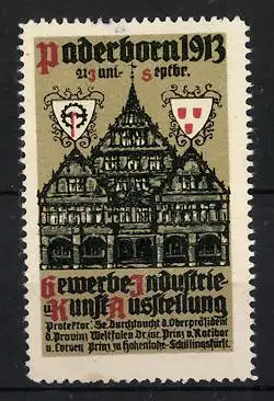 Reklamemarke Paderborn, Gewerbe-, Industrie- und Kunst-Ausstellung 1913, Gebäude und Wappen