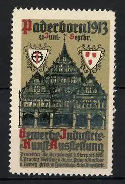 Reklamemarke Paderborn, Gewerbe-, Industrie- und Kunst-Ausstellung 1913, Gebäude und Wappen
