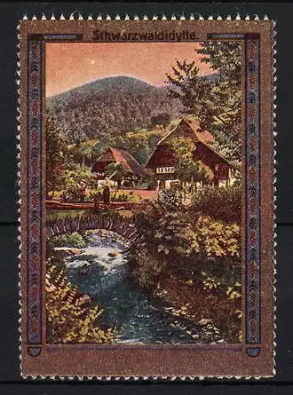 Reklamemarke Schwarzwald, Idylle mit Häusern am Fluss