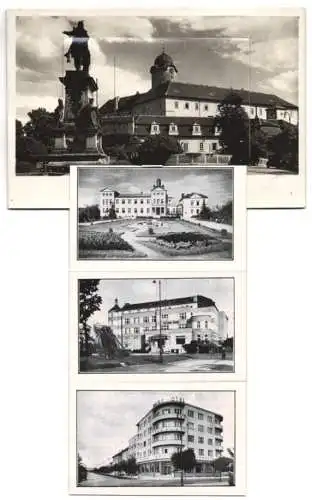 Leporello-AK Lázne Podebrady, Hotel, Strassenpartie, Denkmal