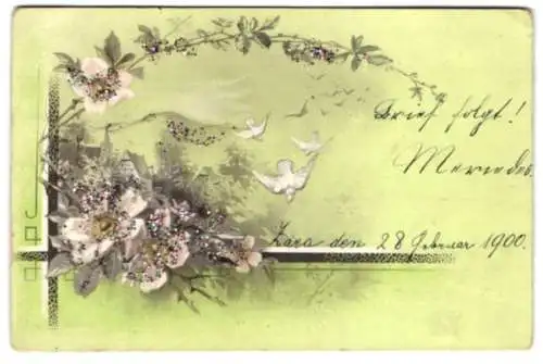 Glitzer-Perl-AK Weisse Tauben fliegen hinter einem Blumenzweig mit Glitzer-Perlen