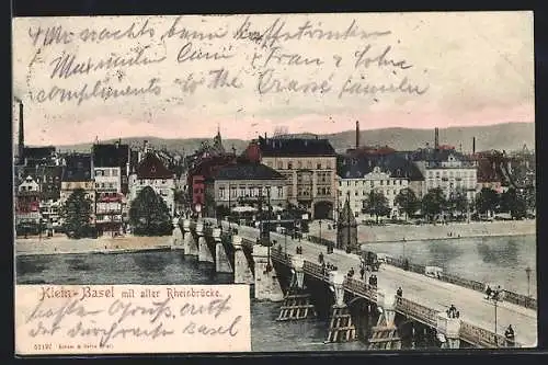 AK Basel, Klein-Basel mit alter Rheinbrücke