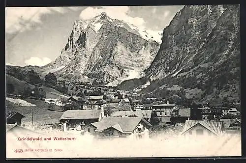 AK Grindelwald, Ortsansicht mit Wetterhorn