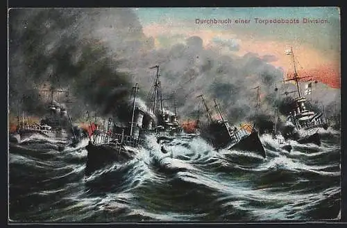 Künstler-AK Torpedoboots-Division bricht durch feindliche Linien