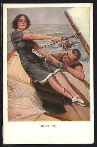Künstler-AK Delphine, junge Frau im maritimen Kleid beim Segelsport