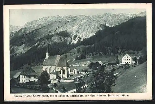 AK Seewiesen, Teilansicht mit Kirche und Blick auf Aflenzer Staritzen
