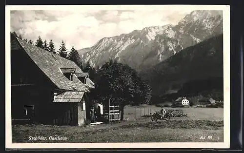 AK Mariazell, Gasthaus Gschöder vor Bergpanorama