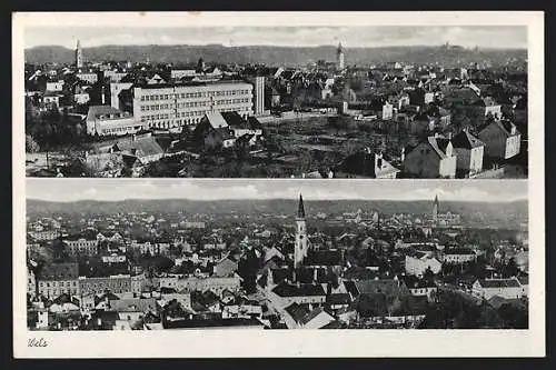 AK Wels, Panoramaansichten mit modernem Langgebäude aus der Vogelschau