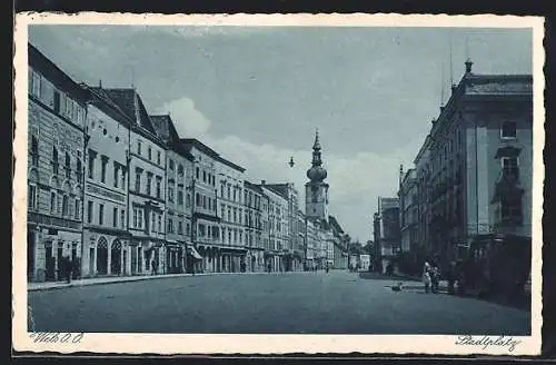 AK Wels, Stadtplatz mit Kirchturmblick