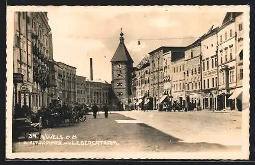 AK Wels, A. platz mit Ledererturm