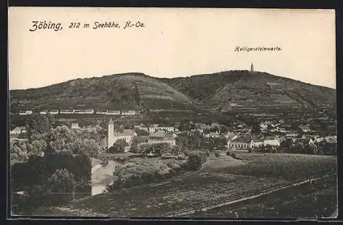 AK Langenlois, Zöbing, Ortsansicht mit Blick auf Heiligensteinwarte