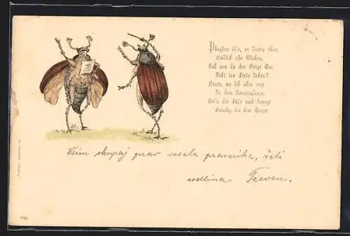 Präge-Lithographie Zwei Maikäfer als Dirigent und Sänger, Taktstock, Notenblatt