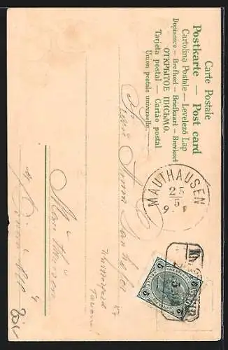 AK Maikäfer begegnen sich beim Spaziergang, Blätterornamente